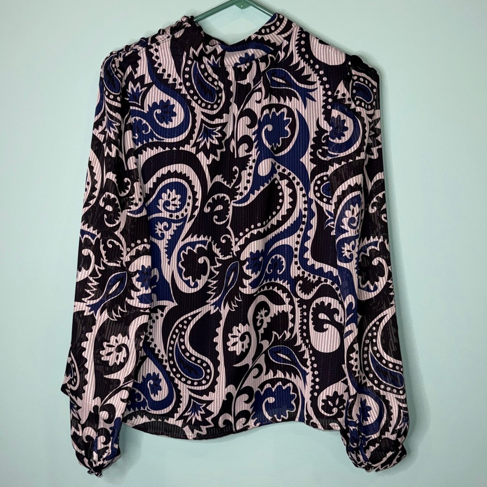 LOFT Women's Blue and Black Paisley Blouse with metallic sheen - Picture 2 of 9